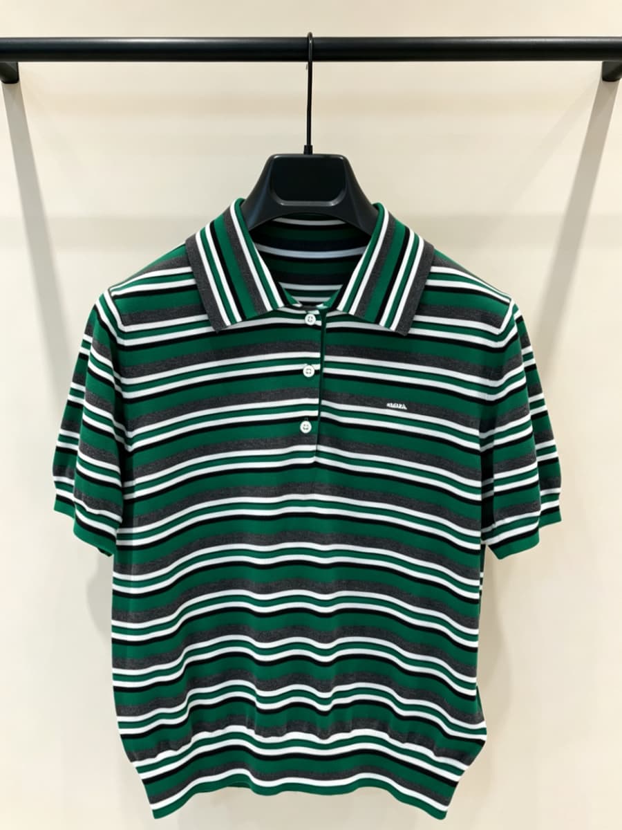 양미 스타 같은 단락 옷 녹색 스트라이프 POLO 칼라 반팔 티셔츠 맨위 여성 여름 한 마디 반신 치마 세트 이미지 3