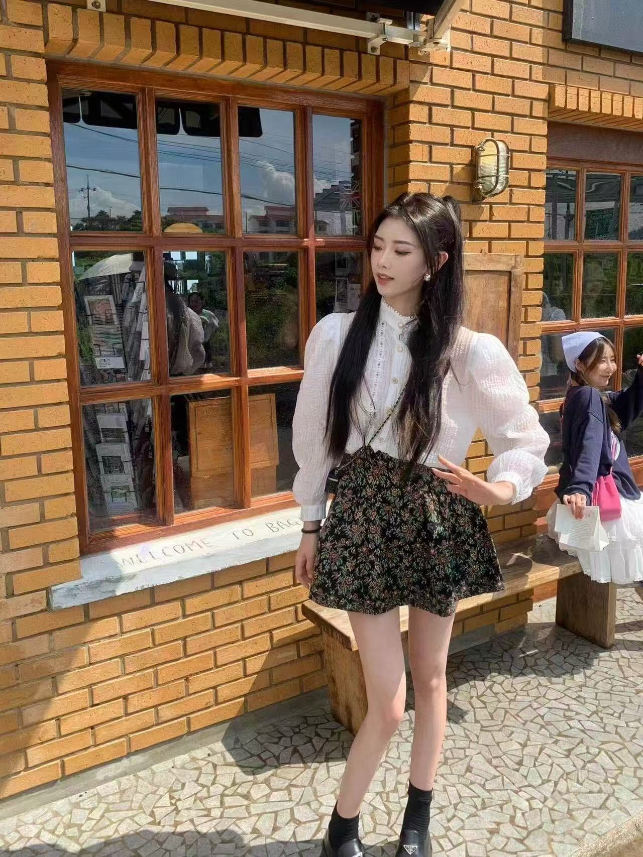 새로운 무거운 작업 레이스 홀로우 아웃 단추 셔츠 하이웨이스트 꽃 프린트 반바지 벨트 3 세트 상세 이미지 1