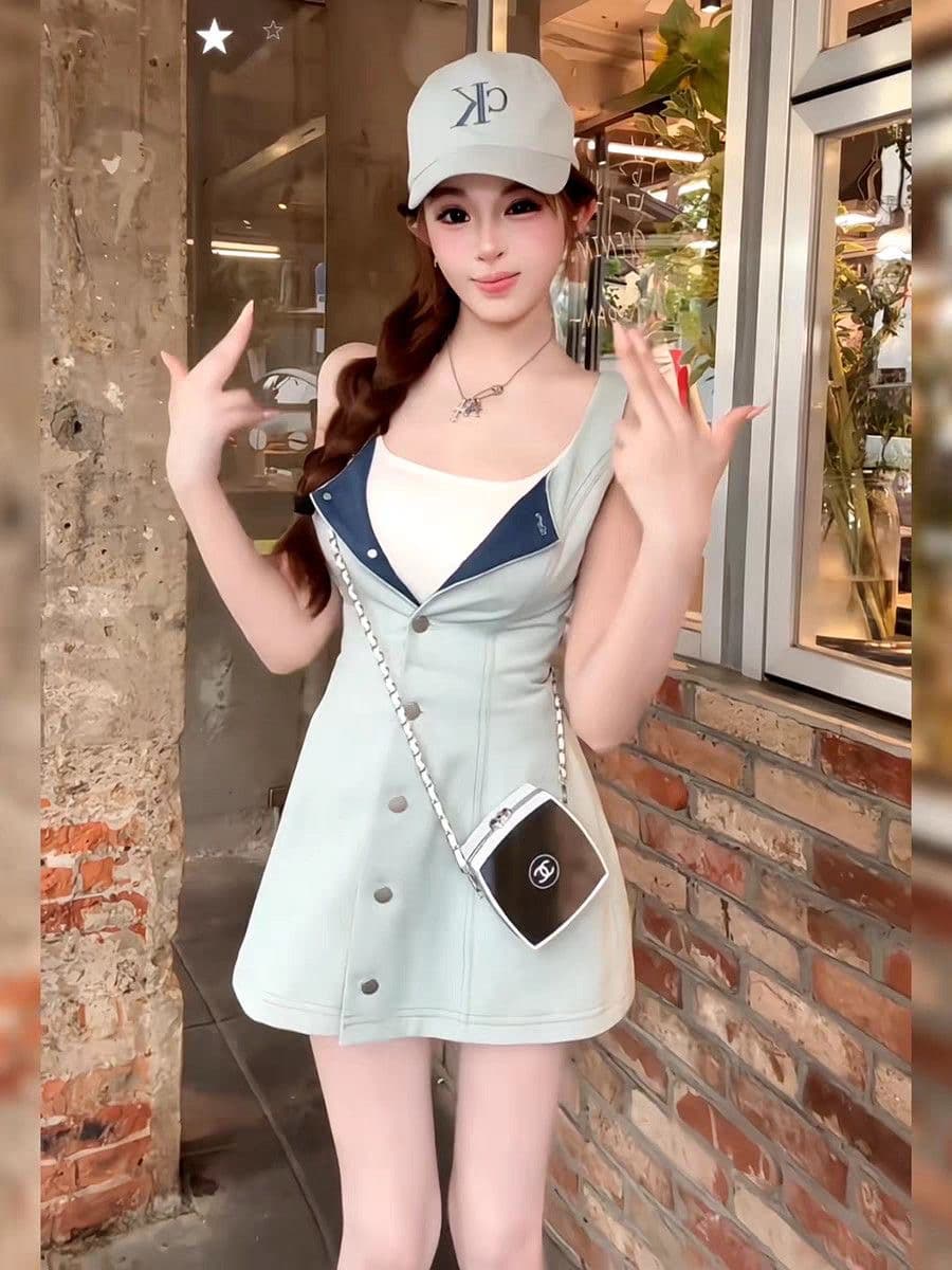 실사 하늘색 데님 싱글 줄 버튼 민소매 여성 드레스 여름 작은 키 순수한 욕망 핫걸 허리 수축 한 마디 짧은 치마 상세 이미지 18
