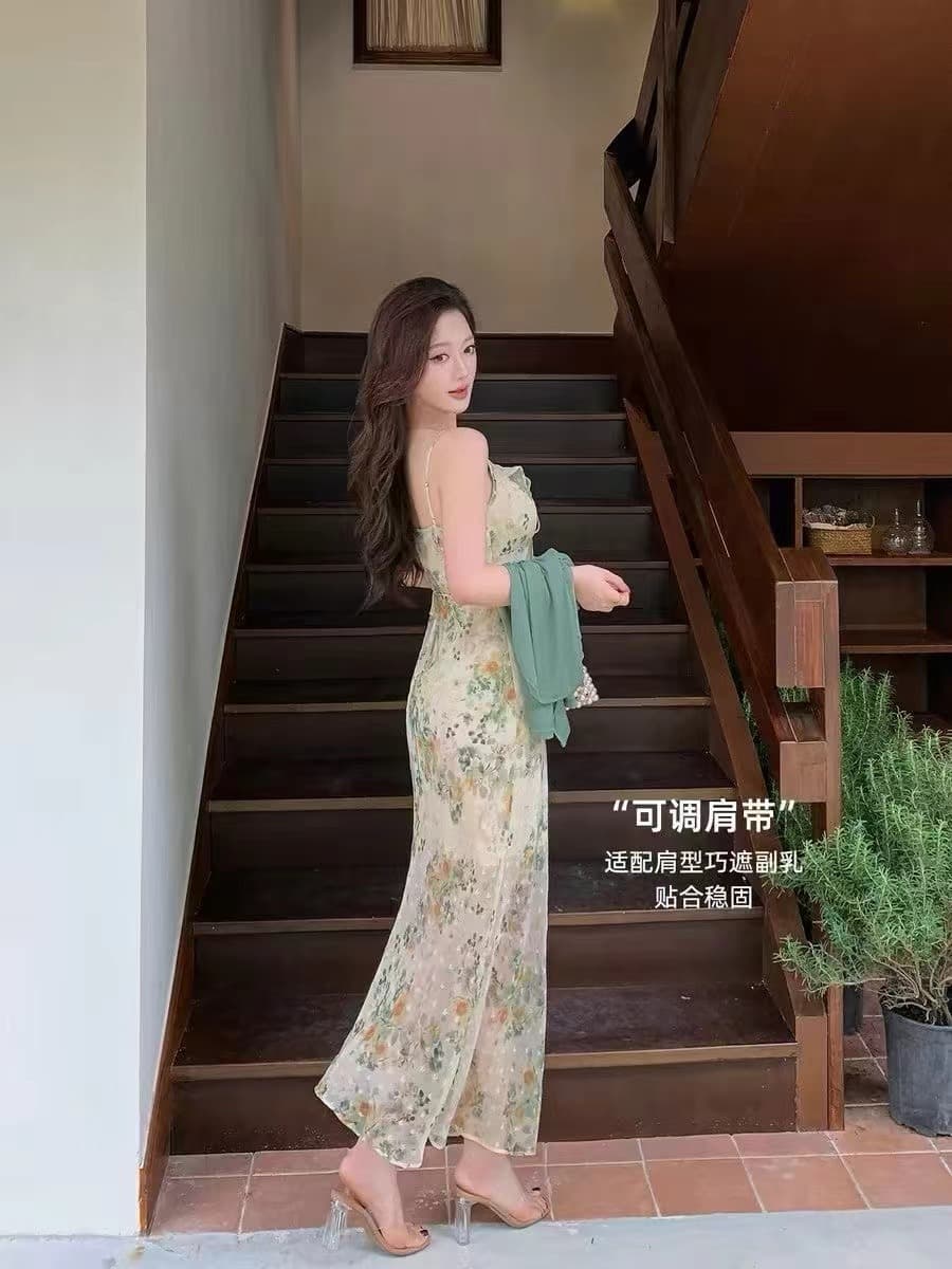 녹색 쉬폰 프릴 슬립 꽃무늬 치마 드레스 빛 럭셔리 고급 센스 몸매 가꾸기 인어 꼬리 길다 치마 상세 이미지 2
