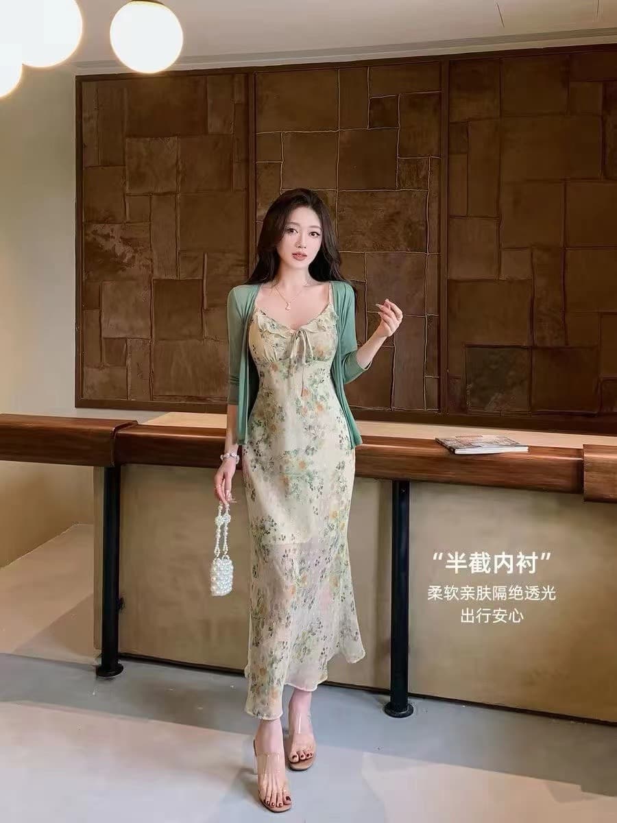 녹색 쉬폰 프릴 슬립 꽃무늬 치마 드레스 빛 럭셔리 고급 센스 몸매 가꾸기 인어 꼬리 길다 치마 상세 이미지 6
