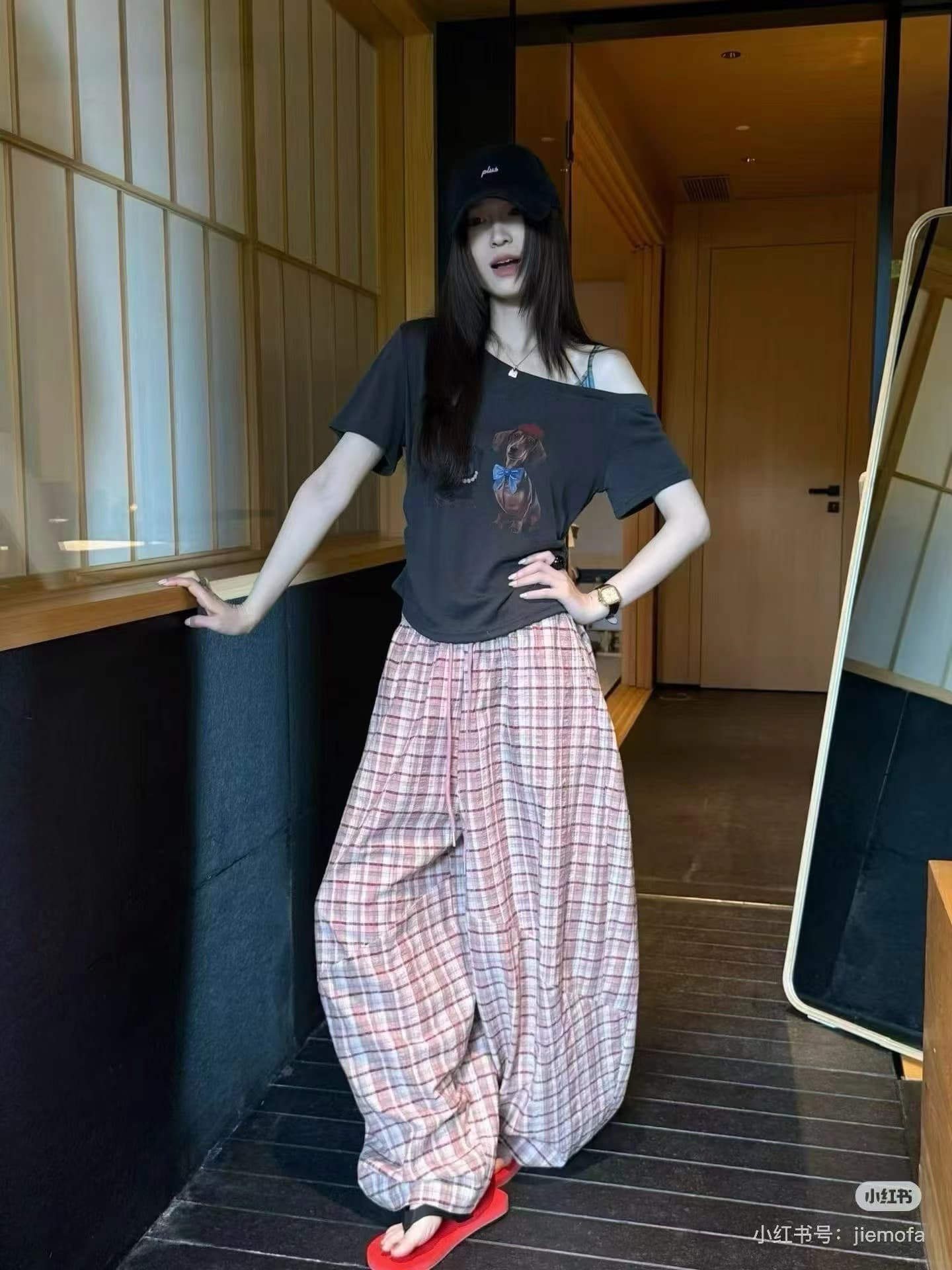 한 부서 다용도 비스듬한 어깨 반팔 맨위 느긋한 루즈핏 하이웨이스트 체크무늬 캐주얼 와이드 레그 팬츠 두 조각 여성 세트 이미지 3