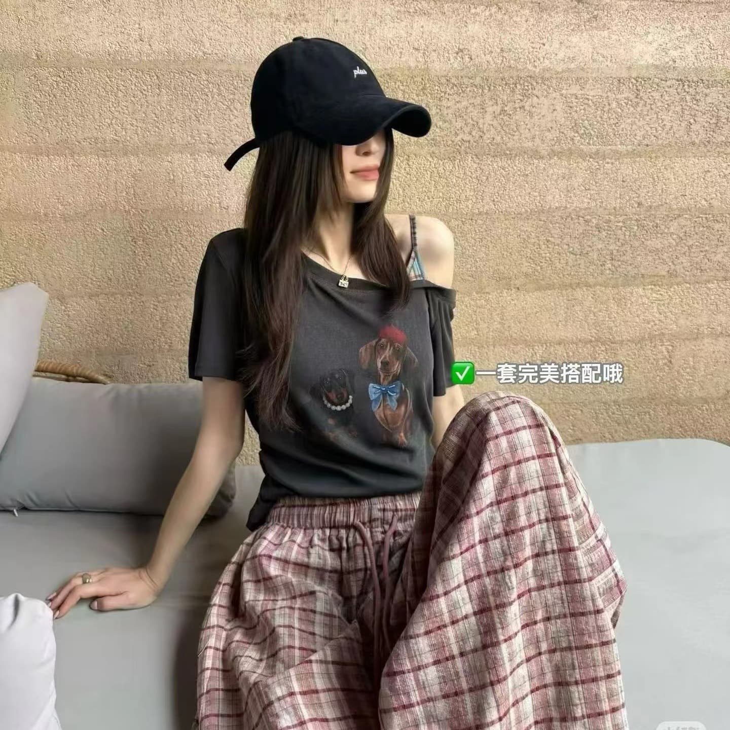 한 부서 다용도 비스듬한 어깨 반팔 맨위 느긋한 루즈핏 하이웨이스트 체크무늬 캐주얼 와이드 레그 팬츠 두 조각 여성 세트 이미지 6