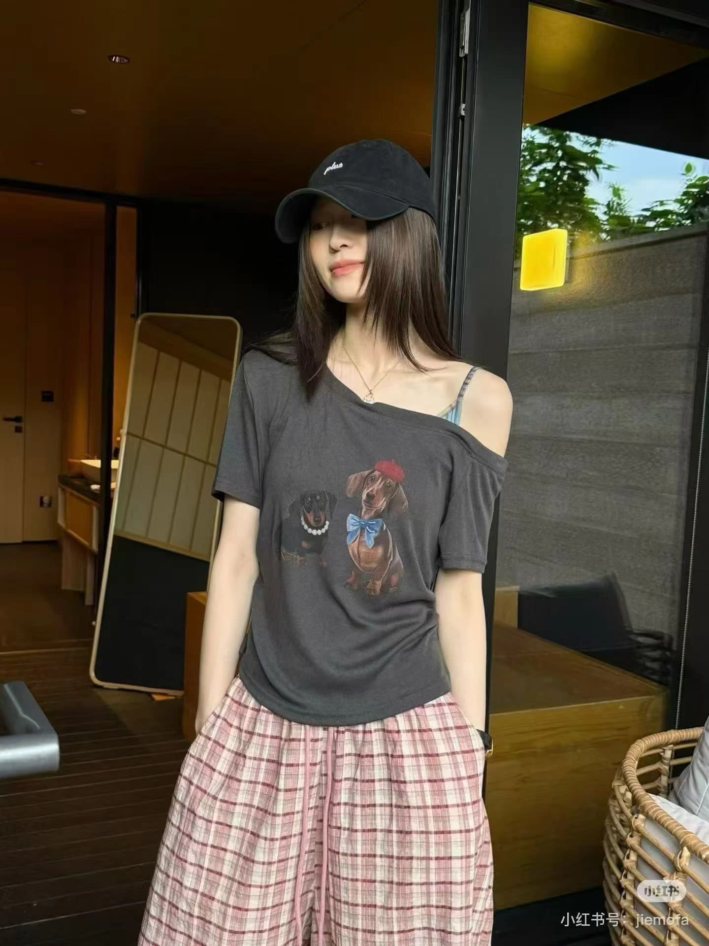 한 부서 다용도 비스듬한 어깨 반팔 맨위 느긋한 루즈핏 하이웨이스트 체크무늬 캐주얼 와이드 레그 팬츠 두 조각 여성 세트 상세 이미지 2