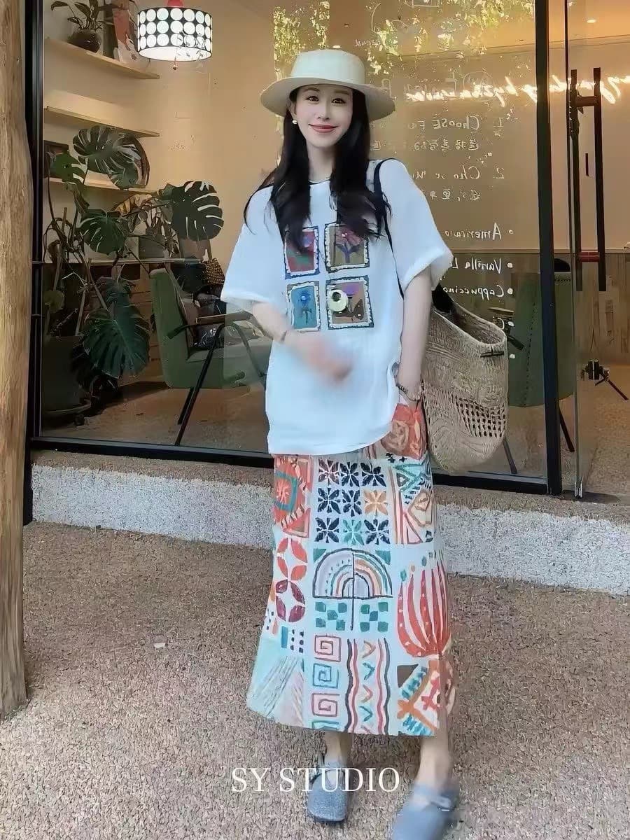 한국 스타일 루즈핏 네 궁전 그리드 만화 다용도 연령 감소 라운드 넥 반팔 맨위 레트로 품격 슬림해 보이는 반신 스커트 상세 이미지 5