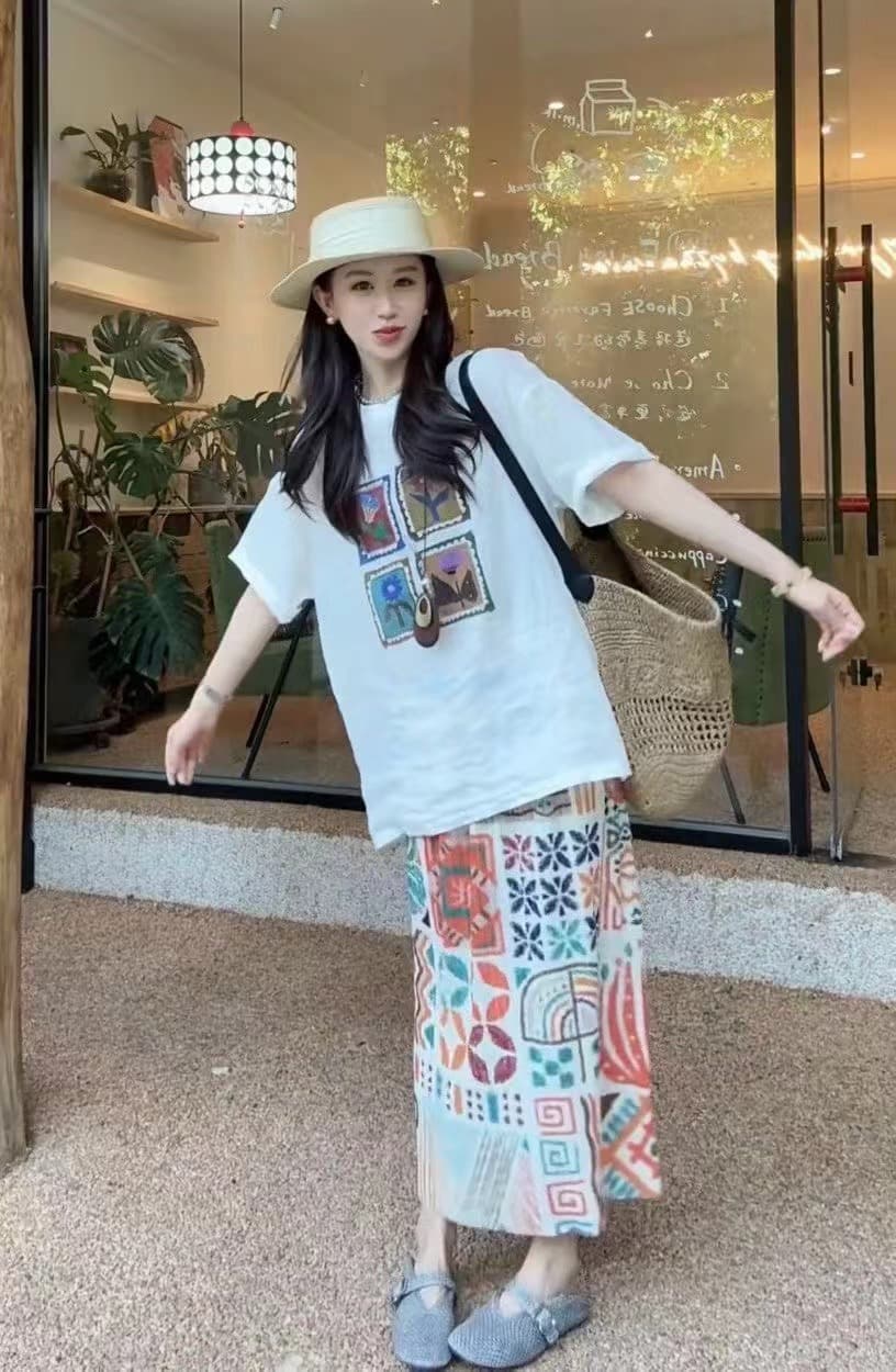 한국 스타일 루즈핏 네 궁전 그리드 만화 다용도 연령 감소 라운드 넥 반팔 맨위 레트로 품격 슬림해 보이는 반신 스커트 상세 이미지 6