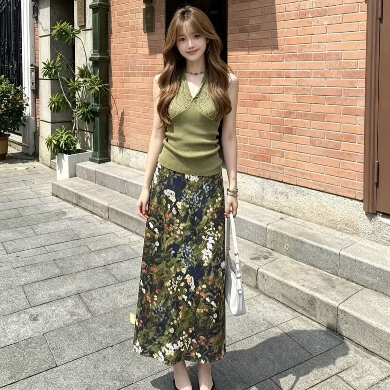 새로운 핫걸 디자인 센스 외출용 행침 목 작은 슬링 조끼 하이웨이스트 슬림해 보이는 프린트 반신 치마 세트 이미지 4