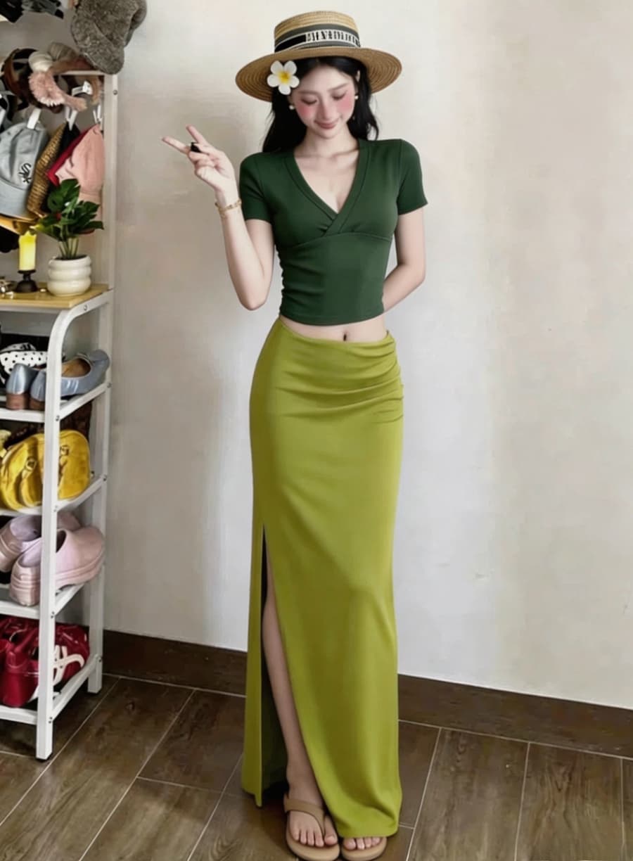 실사 dula 모델링 커브 핫걸 쇼트 스타일 V넥 티셔츠 여성 여름 녹색 타이트 스커트 반신 롱 스커트 세트 상세 이미지 6