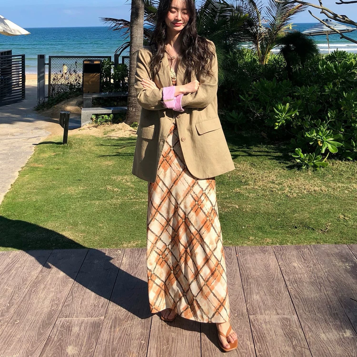pusumede 레트로 색조 체크무늬 슬립 여성 드레스 프랑스식 품격 프린트 롱 스커트 휴가 조끼 스커트 이미지 4