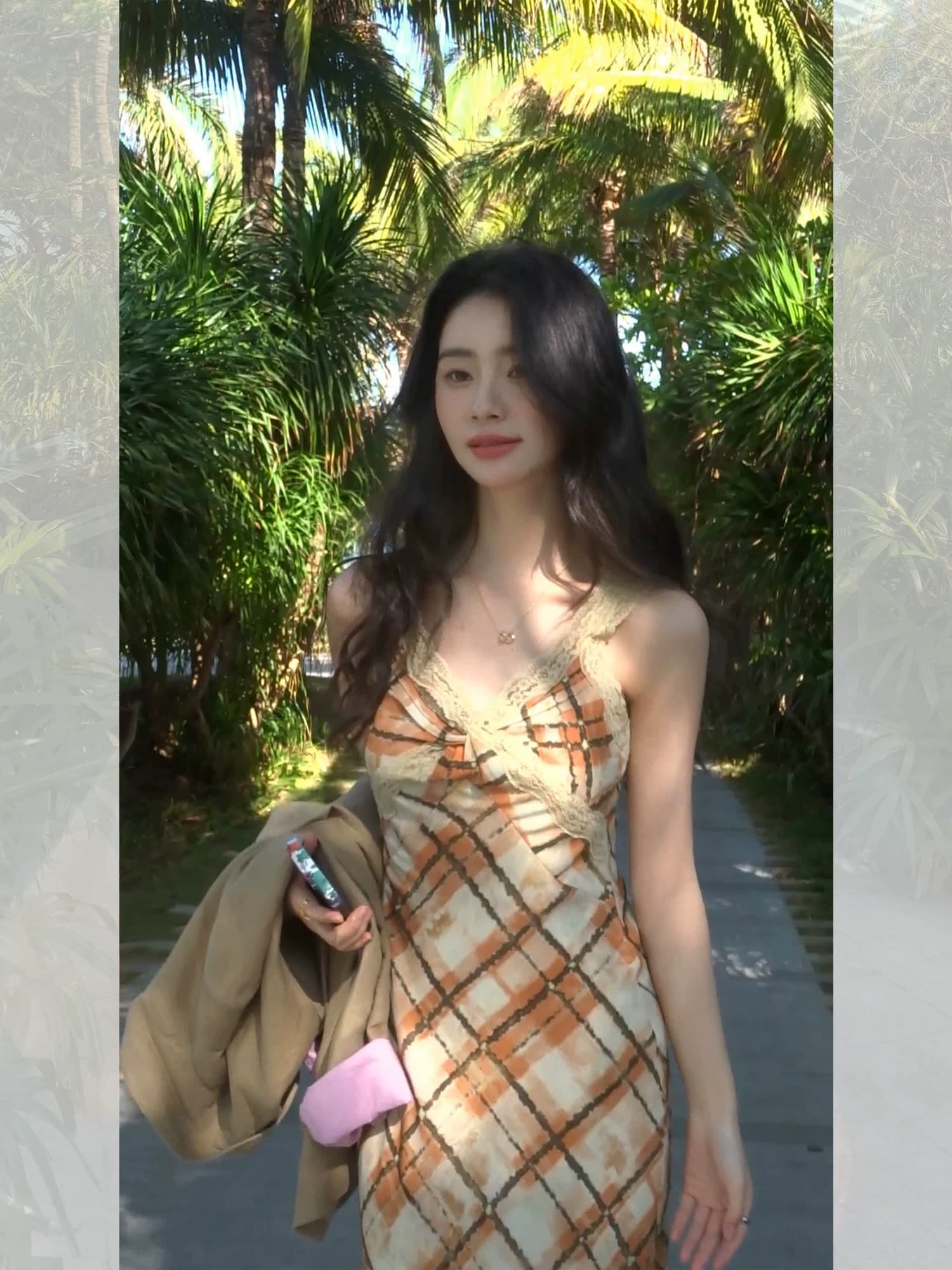 pusumede 레트로 색조 체크무늬 슬립 여성 드레스 프랑스식 품격 프린트 롱 스커트 휴가 조끼 스커트 상세 이미지 1