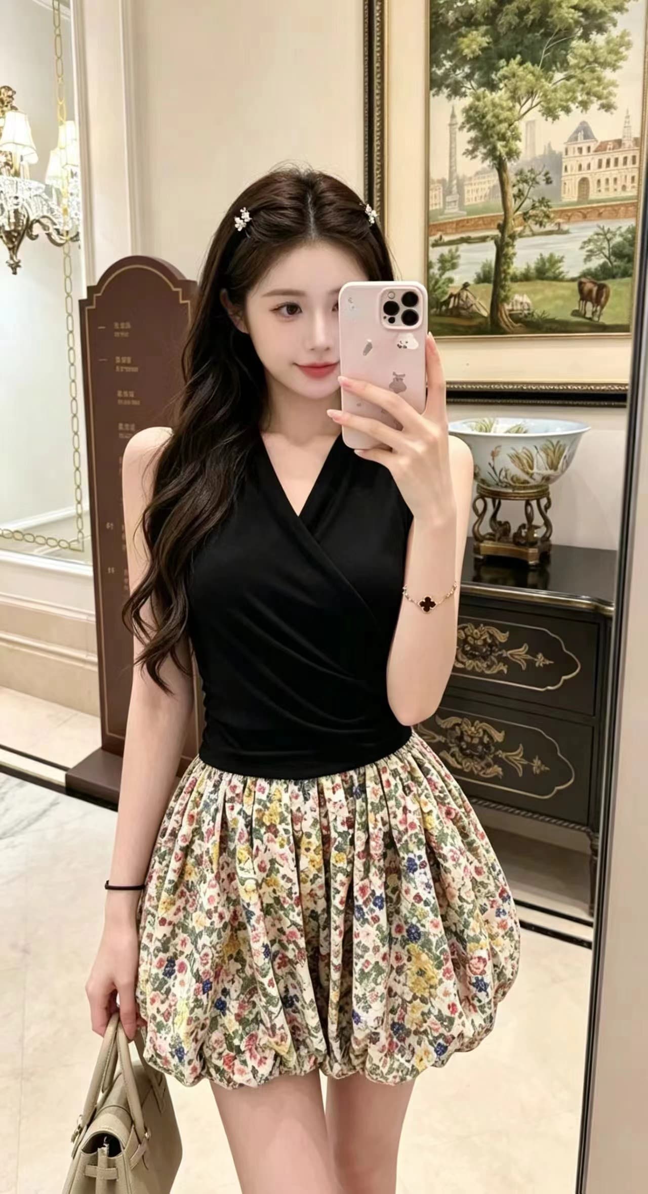 광장 칼라 패키지 어깨 반소매 슬림해 보이는 티셔츠 슬림해 보이는 맨위 꽃무늬 꽃밭 치마 한 부서 착용 가져 가라. 핫걸 투피스 슈트 여성 상세 이미지 4
