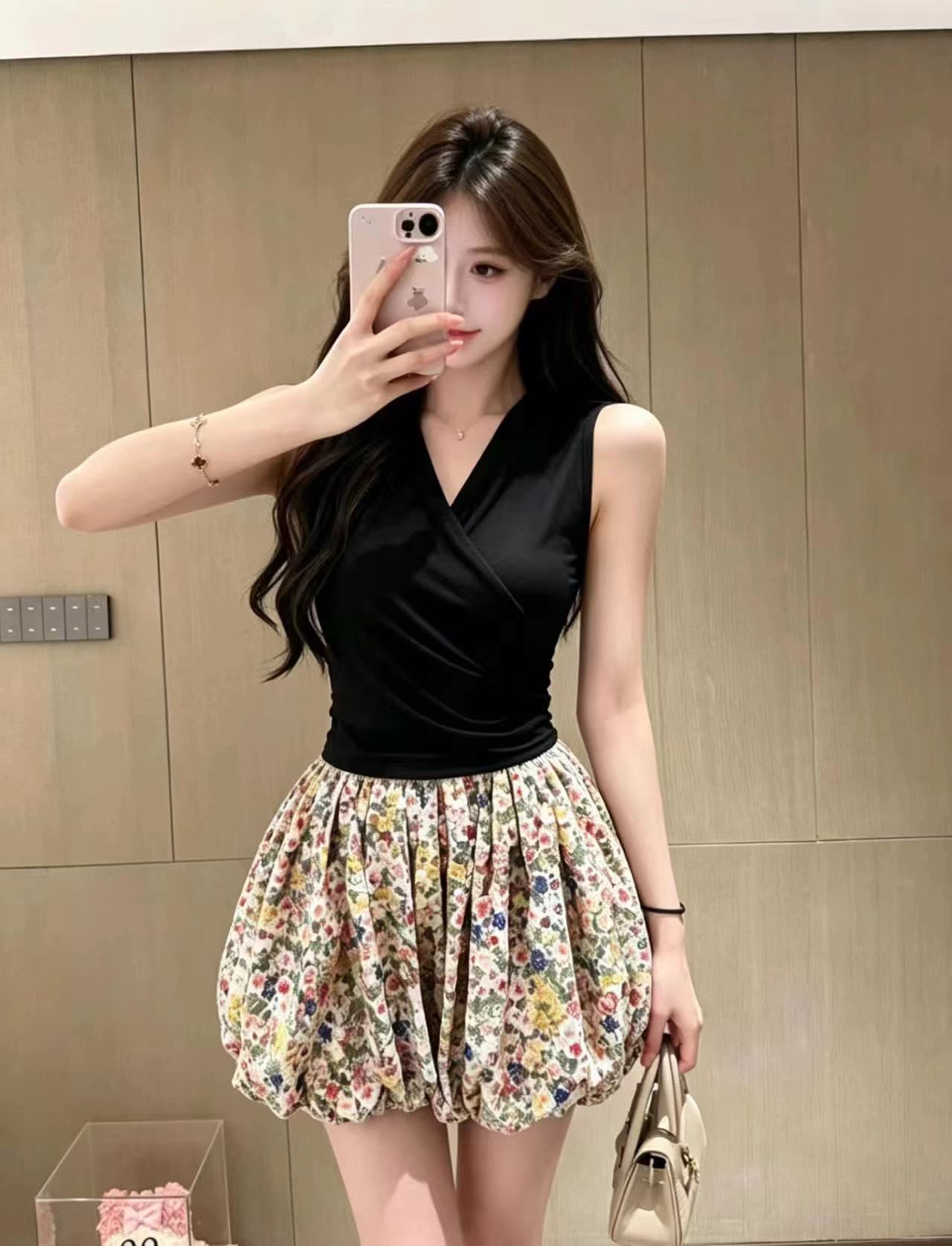 광장 칼라 패키지 어깨 반소매 슬림해 보이는 티셔츠 슬림해 보이는 맨위 꽃무늬 꽃밭 치마 한 부서 착용 가져 가라. 핫걸 투피스 슈트 여성 상세 이미지 6