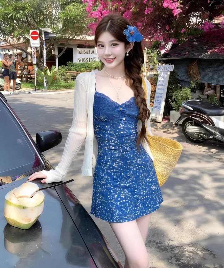 프랑스식 레이스 파란색 꽃무늬 슬립 드레스 여름 휴가 바람 작은 키 허리 수축 슬림해 보이는 A라인 스커트