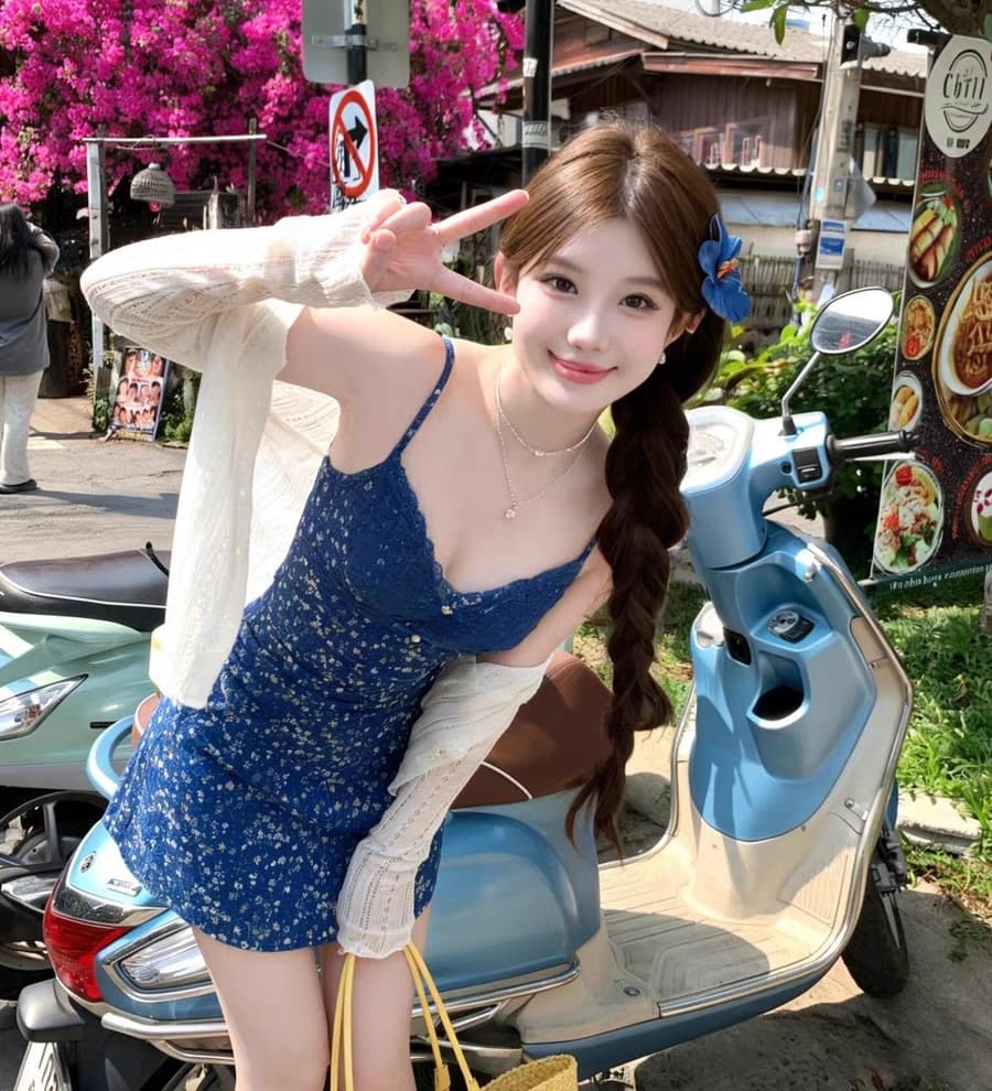 프랑스식 레이스 파란색 꽃무늬 슬립 드레스 여름 휴가 바람 작은 키 허리 수축 슬림해 보이는 A라인 스커트 이미지 2