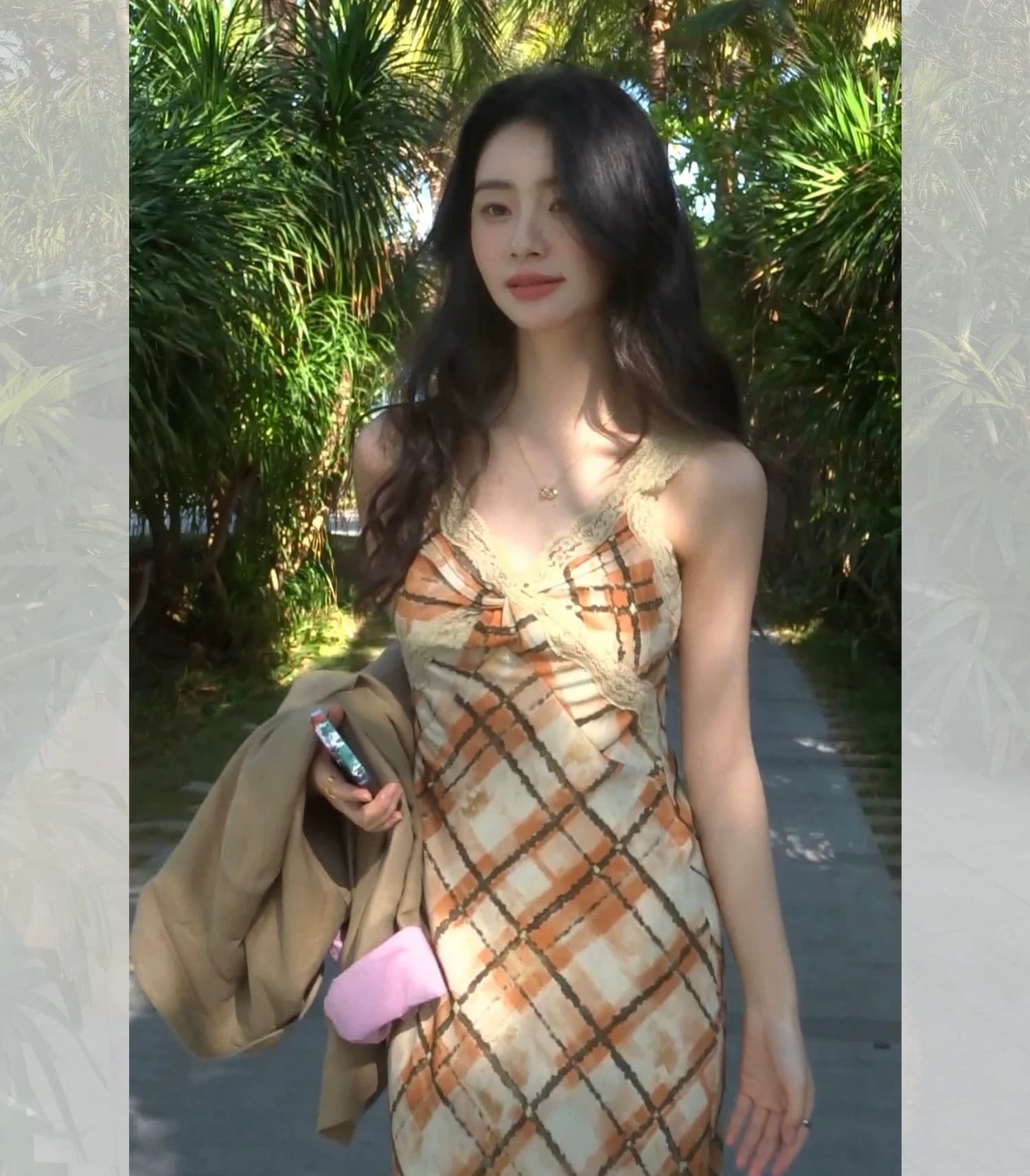 pusumede 레트로 색조 체크무늬 슬립 여성 드레스 프랑스식 품격 프린트 롱 스커트 휴가 조끼 스커트