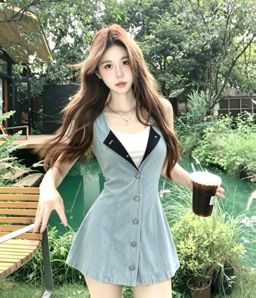 실사 하늘색 데님 싱글 줄 버튼 민소매 여성 드레스 여름 작은 키 순수한 욕망 핫걸 허리 수축 한 마디 짧은 치마 이미지 3