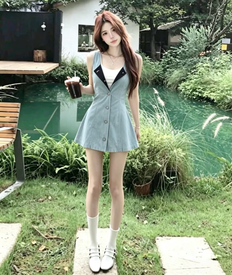 실사 하늘색 데님 싱글 줄 버튼 민소매 여성 드레스 여름 작은 키 순수한 욕망 핫걸 허리 수축 한 마디 짧은 치마 상세 이미지 4
