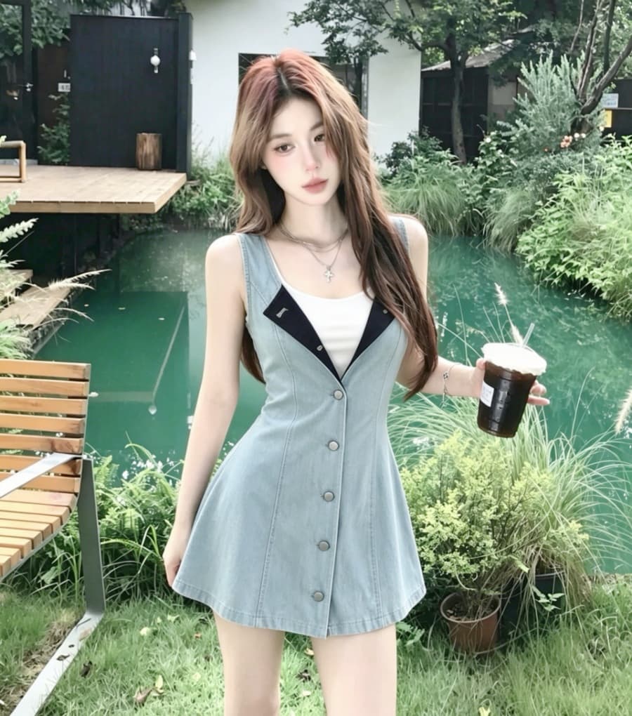 실사 하늘색 데님 싱글 줄 버튼 민소매 여성 드레스 여름 작은 키 순수한 욕망 핫걸 허리 수축 한 마디 짧은 치마 상세 이미지 7