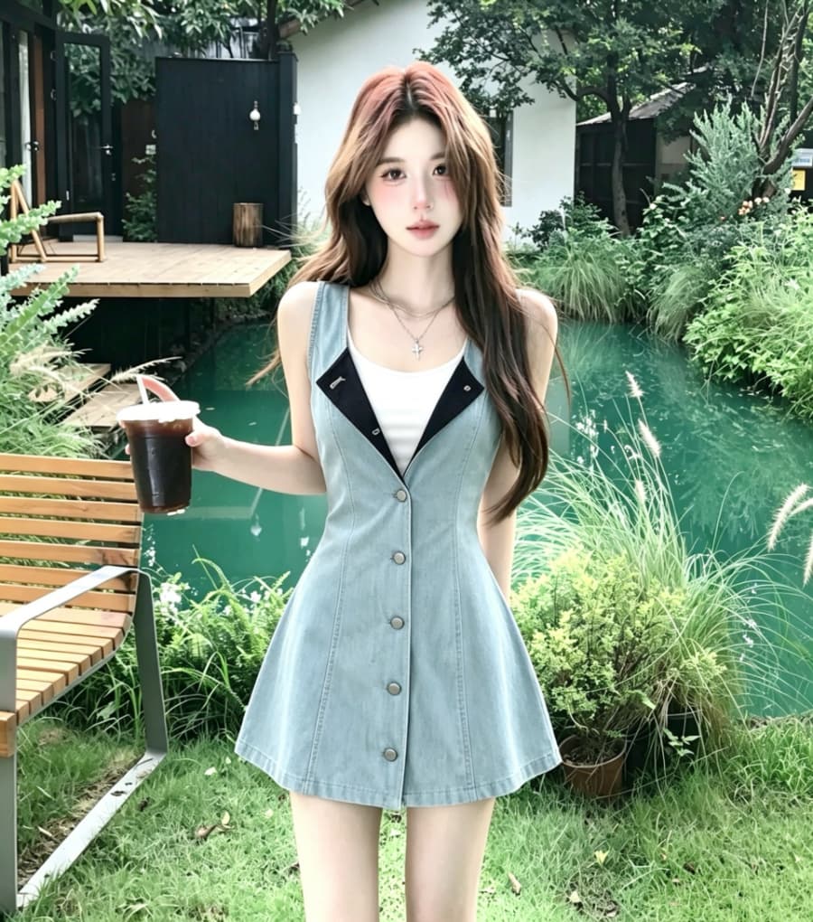 실사 하늘색 데님 싱글 줄 버튼 민소매 여성 드레스 여름 작은 키 순수한 욕망 핫걸 허리 수축 한 마디 짧은 치마