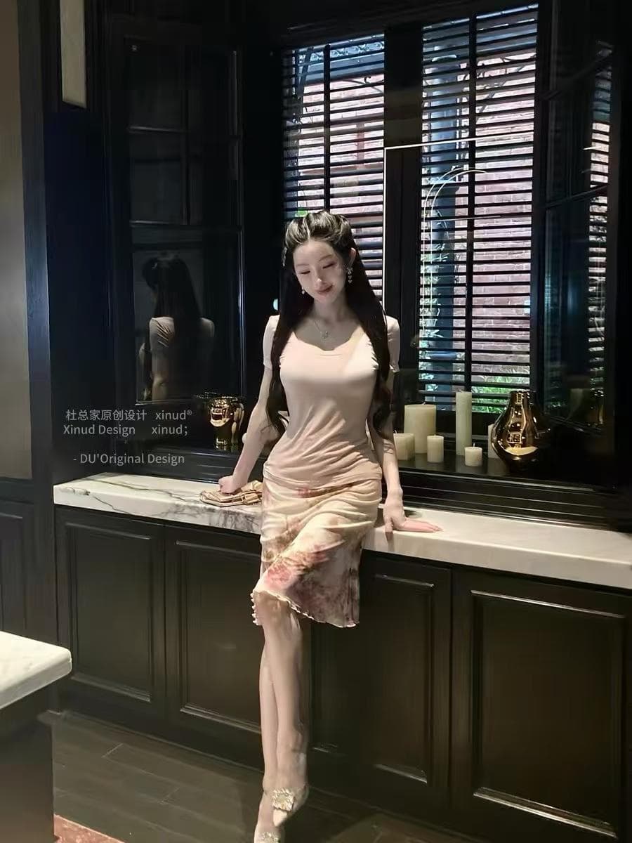 고대 조기 센스 핫걸 세트 핑크색 u 칼라 긍정적 인 어깨 반팔 티셔츠 여성 여름 꽃무늬 하이웨이스트 타이트 스커트 반 스커트 투피스 세트 상세 이미지 5