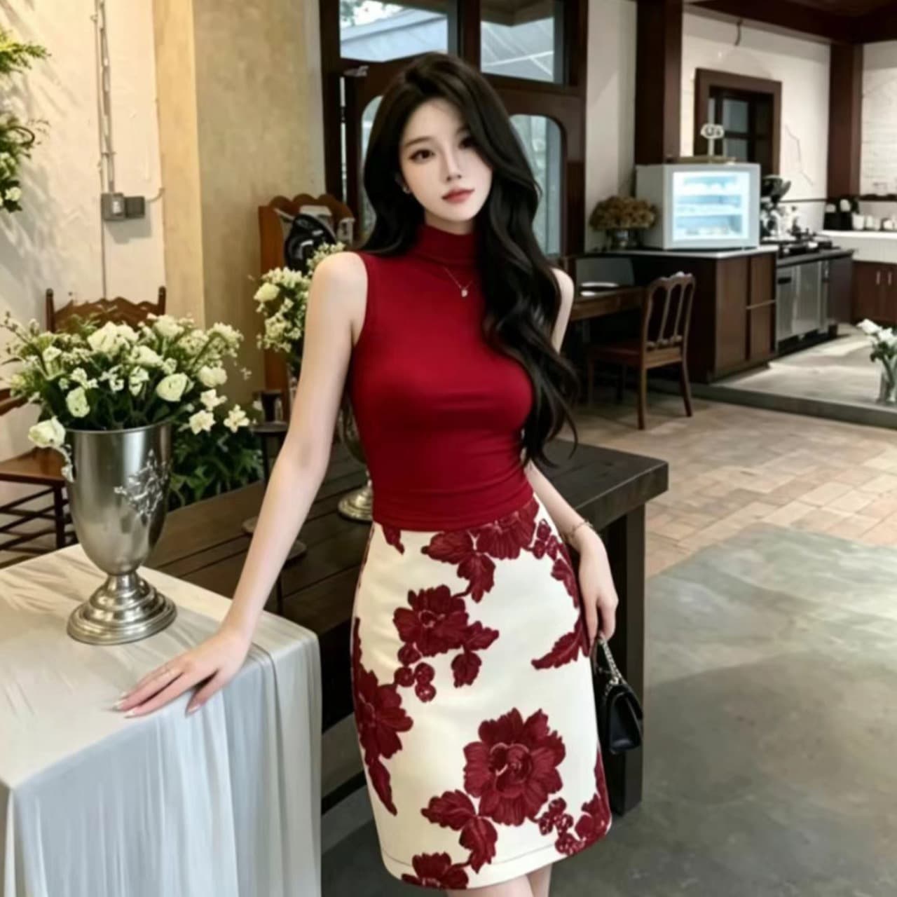 프랑스식 명문 여성 바람 파란색 자수 꽃 반신 스커트 여성 몸매 가꾸기 슬림해 보이는 하이웨이스트 미니 스커트 이미지 3