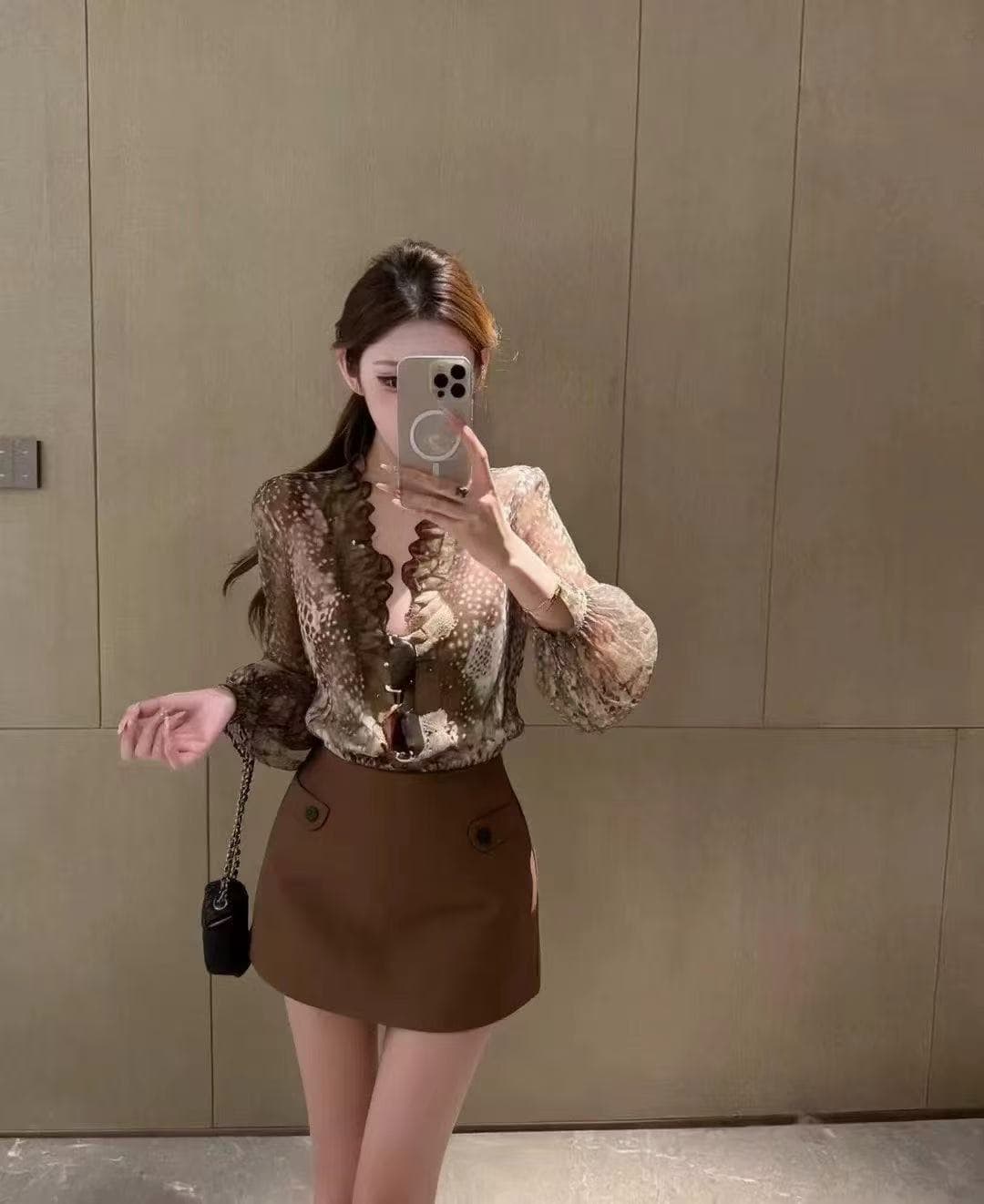 새로운 패션 레트로 핫걸 바람 레오파드 무늬 도트 무늬 패치워크 레이스 맨위 하이웨이스트 한 마디 미니 스커트 세트 상세 이미지 2