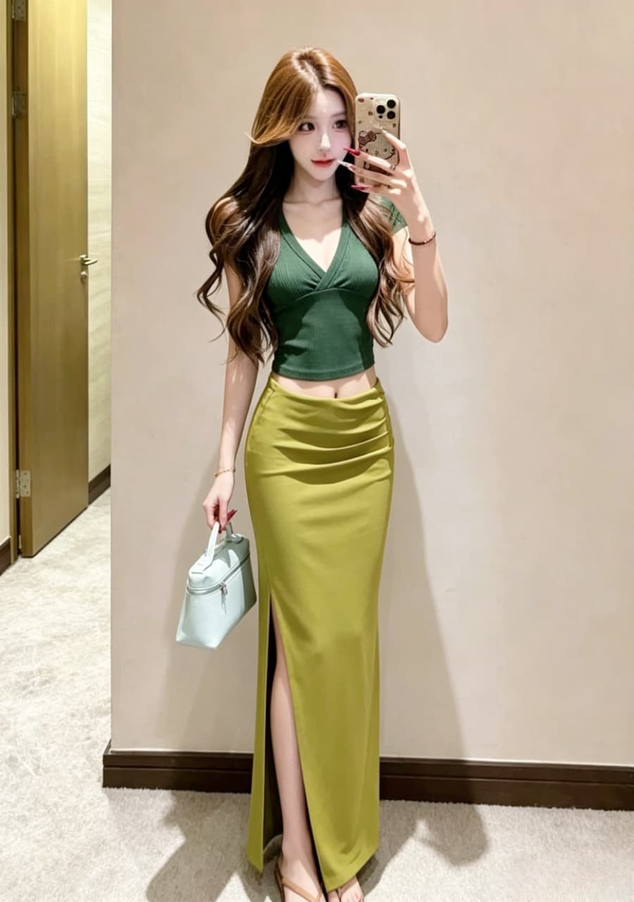 실사 dula 모델링 커브 핫걸 쇼트 스타일 V넥 티셔츠 여성 여름 녹색 타이트 스커트 반신 롱 스커트 세트