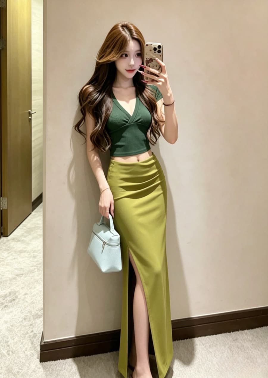 실사 dula 모델링 커브 핫걸 쇼트 스타일 V넥 티셔츠 여성 여름 녹색 타이트 스커트 반신 롱 스커트 세트 상세 이미지 2