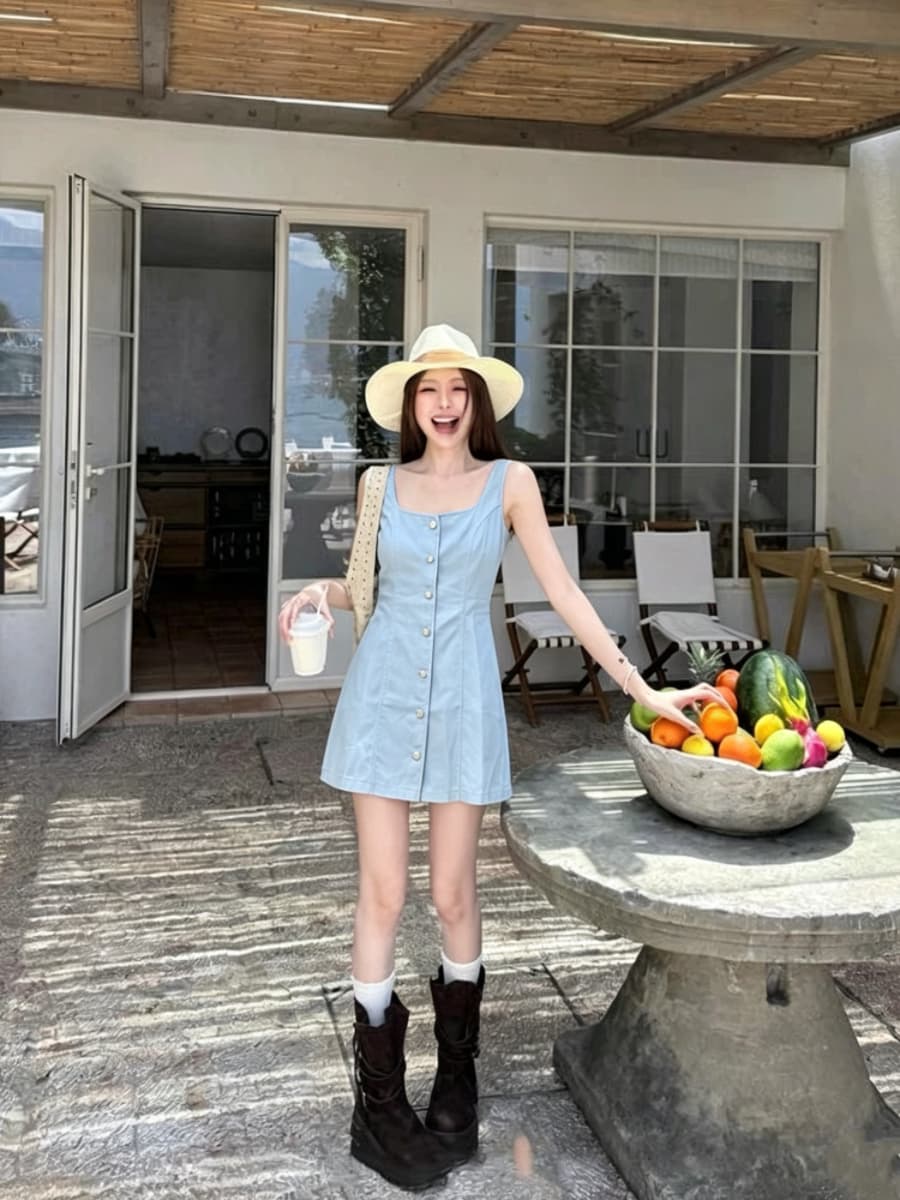 실사 하늘색 데님 싱글 줄 버튼 민소매 여성 드레스 여름 작은 키 순수한 욕망 핫걸 허리 수축 한 마디 짧은 치마 상세 이미지 1