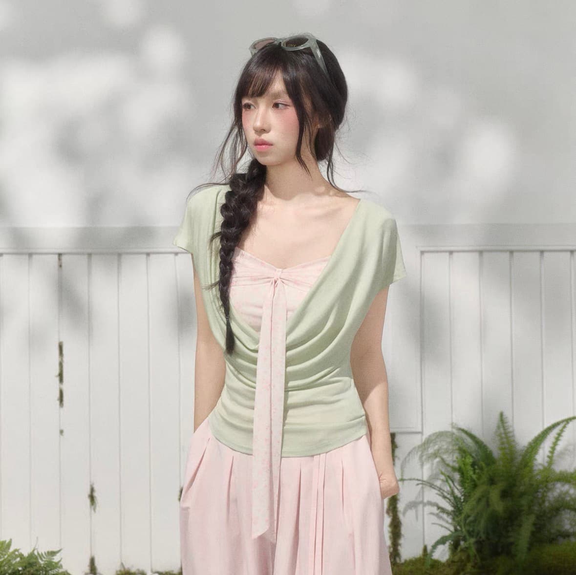 umoumo 우 버섯 여름 라이 경기 서울 흔들다 칼라 사실 투피스 세트 꽃무늬 패치워크 티셔츠 도루 센스 통기성 레이스업 반팔 상세 이미지 1