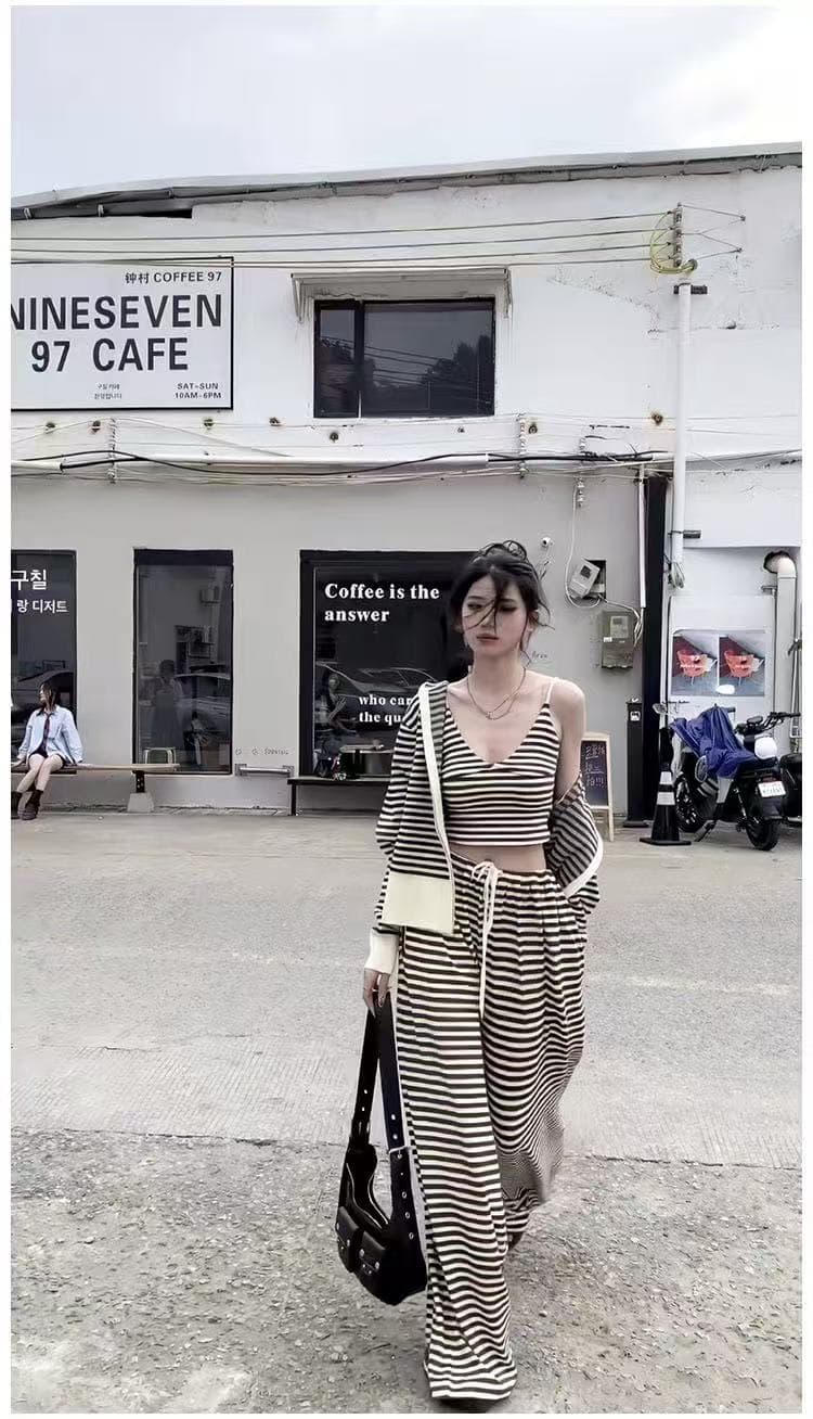 새로운 레트로 배색 스트라이프 후드 재킷 슬립 허리밴드 캐주얼 와이드 레그 팬츠 3종 세트 이미지 2