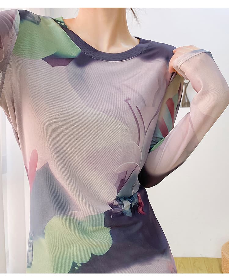 가을 새로운 포지셔닝 망사 프린트 라운드 넥 긴팔 티셔츠 여성 패션 몸매 가꾸기 기본 셔츠 트렌디 상세 이미지 14
