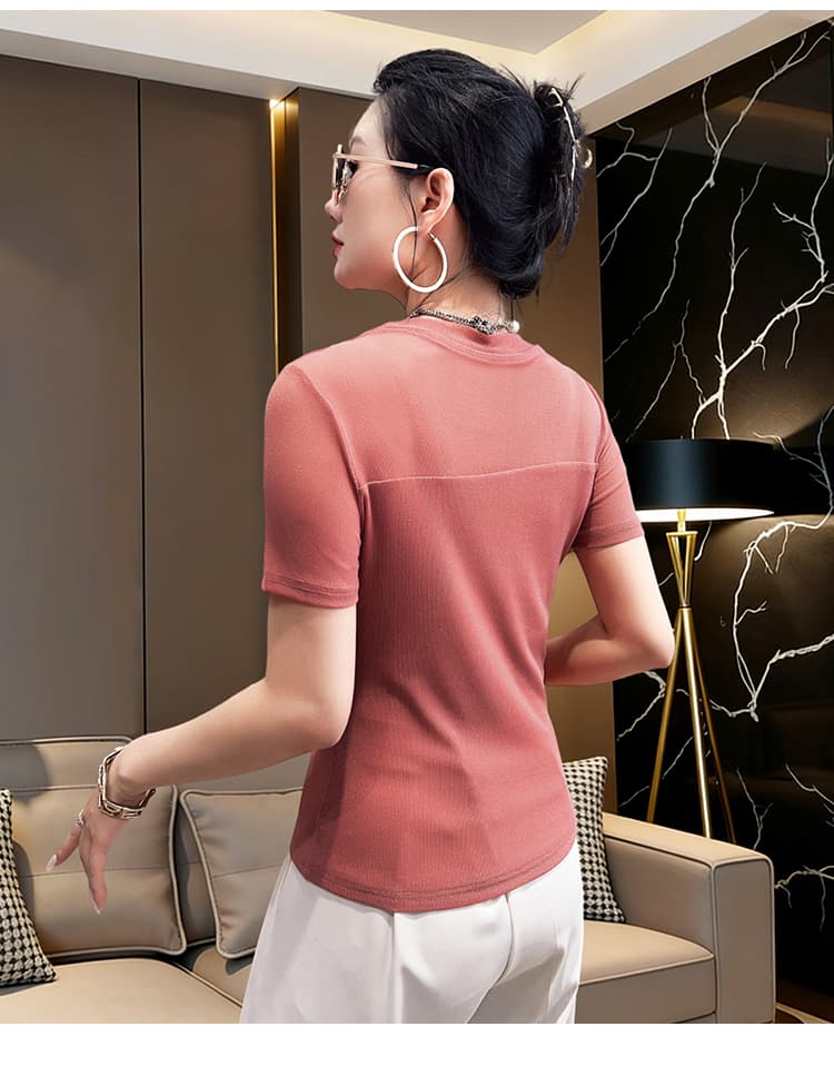 유럽 상품 여름 새로운 핫픽스 망사 패치워크 라운드 넥 반팔 공예 티셔츠 여성 패션 몸매 가꾸기 기본 셔츠 트렌디 상세 이미지 17