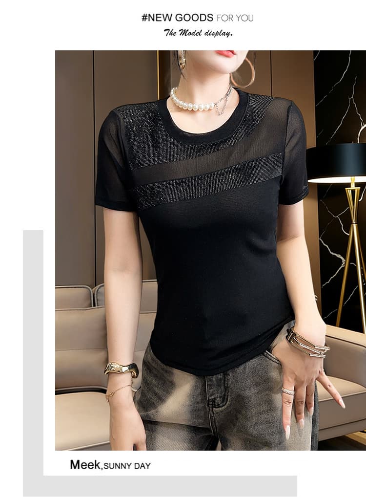 유럽 상품 여름 새로운 핫픽스 망사 패치워크 라운드 넥 반팔 공예 티셔츠 여성 패션 몸매 가꾸기 기본 셔츠 트렌디 상세 이미지 31
