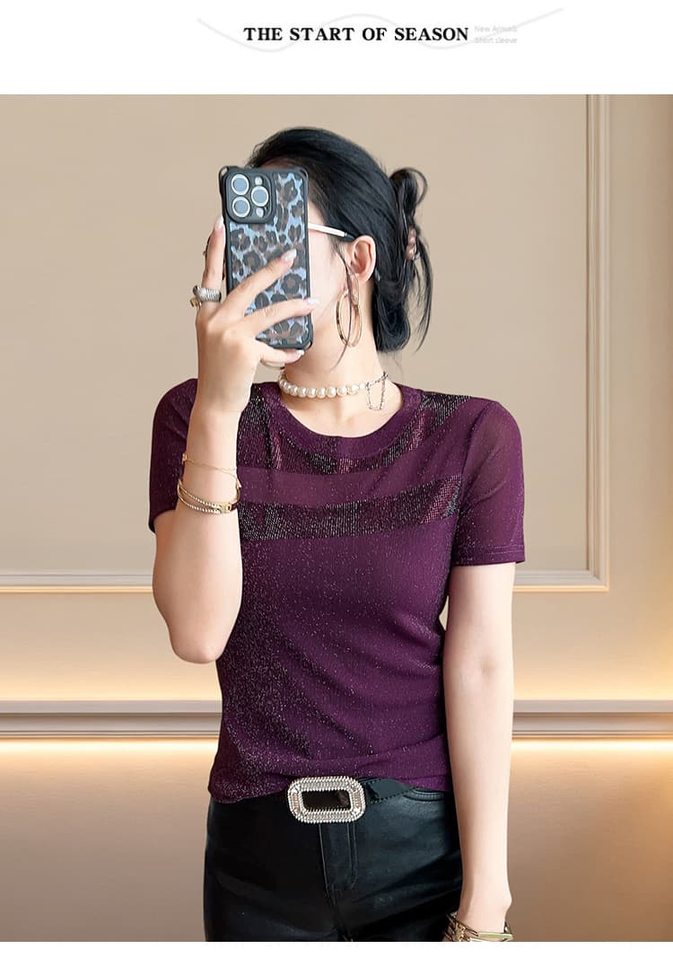 유럽 상품 여름 새로운 핫픽스 망사 패치워크 라운드 넥 반팔 공예 티셔츠 여성 패션 몸매 가꾸기 기본 셔츠 트렌디 상세 이미지 20