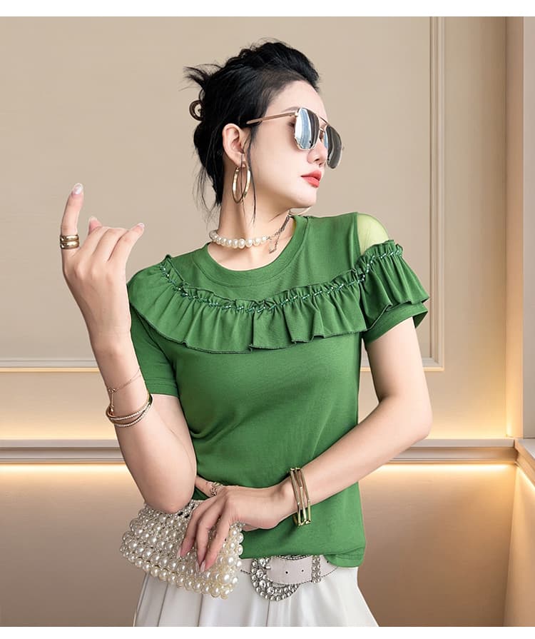 2026 봄 드레스 새로운 수공 비즈 박기 패션 프릴 오프숄더 반팔 라운드 넥 기본 셔츠 티셔츠 여성 트렌디 상세 이미지 22