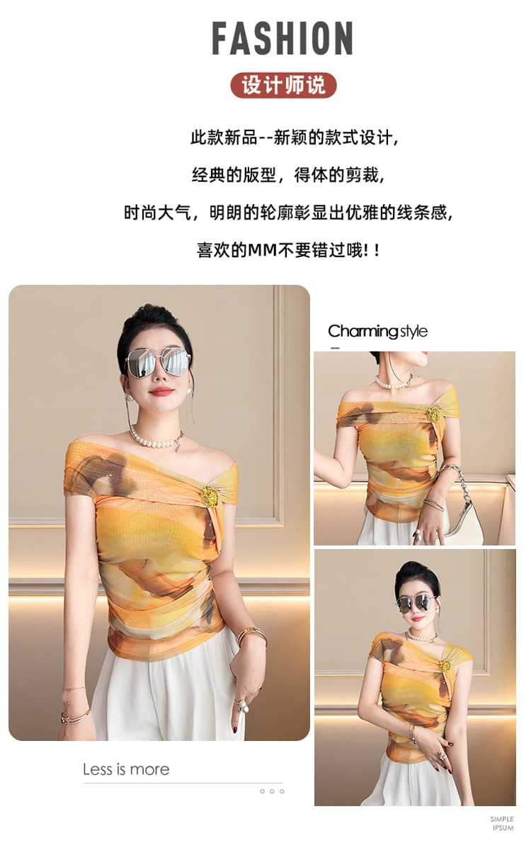 2026 새로운 반팔 프린트 칼라 망사 티셔츠 여성 패션 몸매 가꾸기 오프숄더 슬림해 보이는 기본 셔츠 트렌디 상세 이미지 2