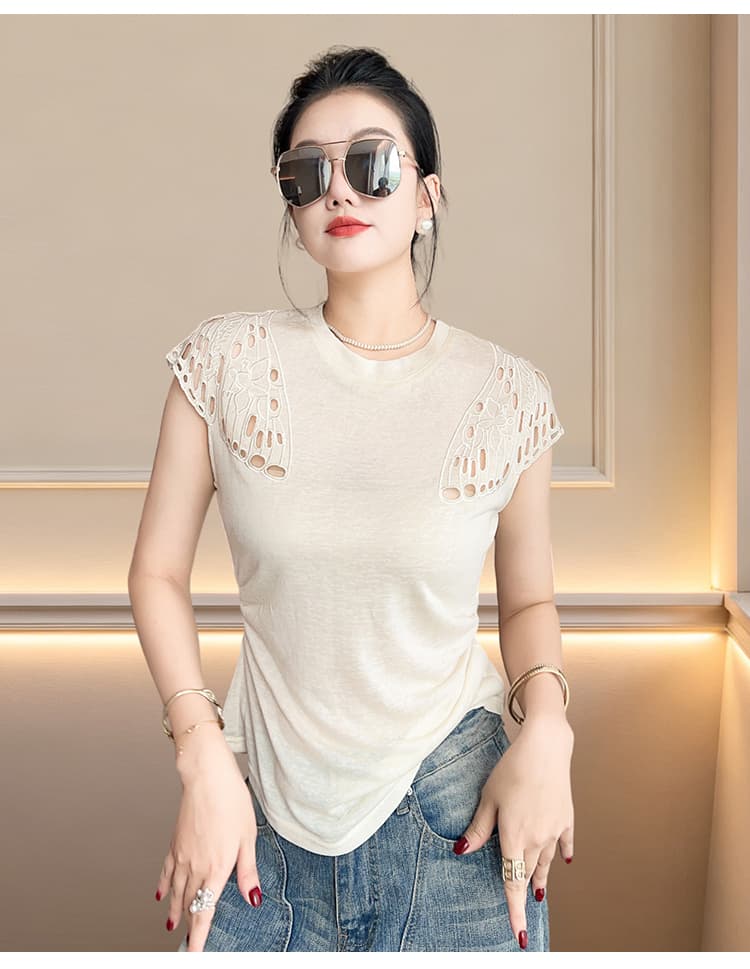 새로운 반팔 포지셔닝 자수 라운드 넥 주름 홀로우 아웃 티셔츠 여성 패션 몸매 가꾸기 슬림해 보이는 기본 셔츠 트렌디 상세 이미지 13