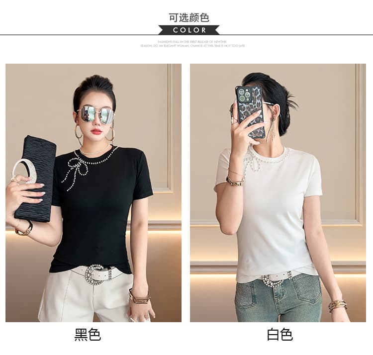 2026 봄 드레스 새로운 수공 비즈 박기 패션 반팔 라운드 넥 순면 기본 셔츠 티셔츠 여성 트렌디 상세 이미지 8