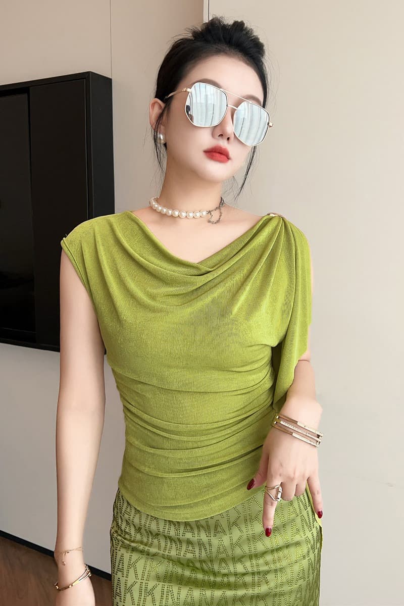 봄 여름 새로운 얼음 실크 오프숄더 기본 셔츠 여성 몸매 가꾸기 섹시함 흔들다 칼라 티셔츠 여성 트렌디 이미지 7