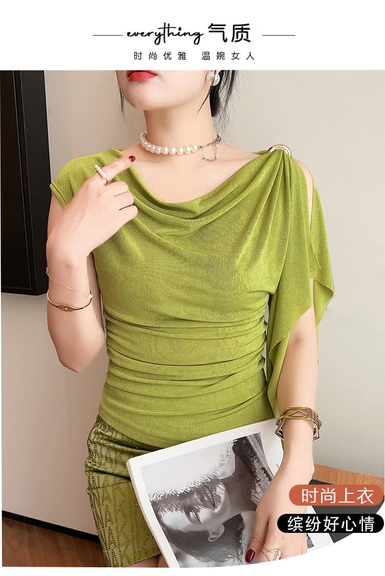 봄 여름 새로운 얼음 실크 오프숄더 기본 셔츠 여성 몸매 가꾸기 섹시함 흔들다 칼라 티셔츠 여성 트렌디 상세 이미지 1