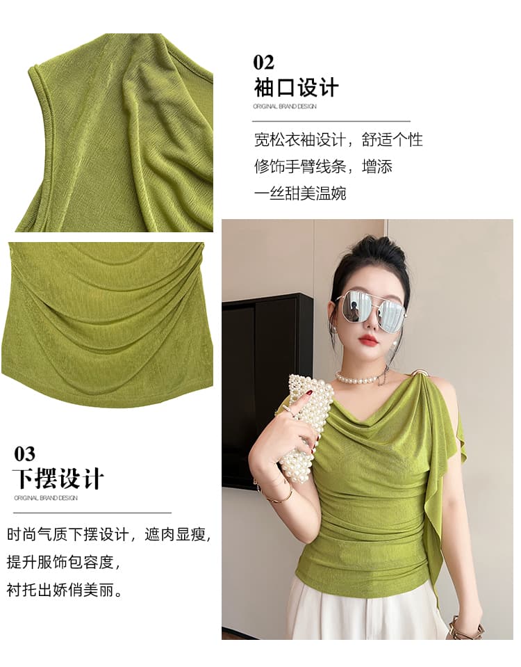 봄 여름 새로운 얼음 실크 오프숄더 기본 셔츠 여성 몸매 가꾸기 섹시함 흔들다 칼라 티셔츠 여성 트렌디 상세 이미지 6