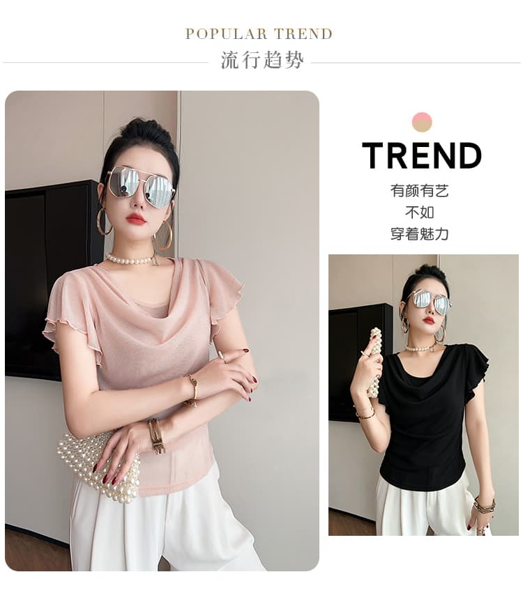 봄 여름 새로운 얼음 실크 기본 셔츠 여성 몸매 가꾸기 섹시함 흔들다 칼라 프릴 티셔츠 여성 트렌디 상세 이미지 4