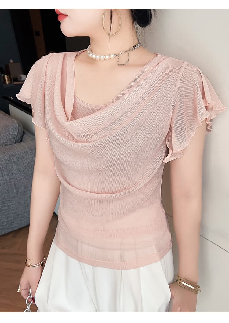 봄 여름 새로운 얼음 실크 기본 셔츠 여성 몸매 가꾸기 섹시함 흔들다 칼라 프릴 티셔츠 여성 트렌디 상세 이미지 22