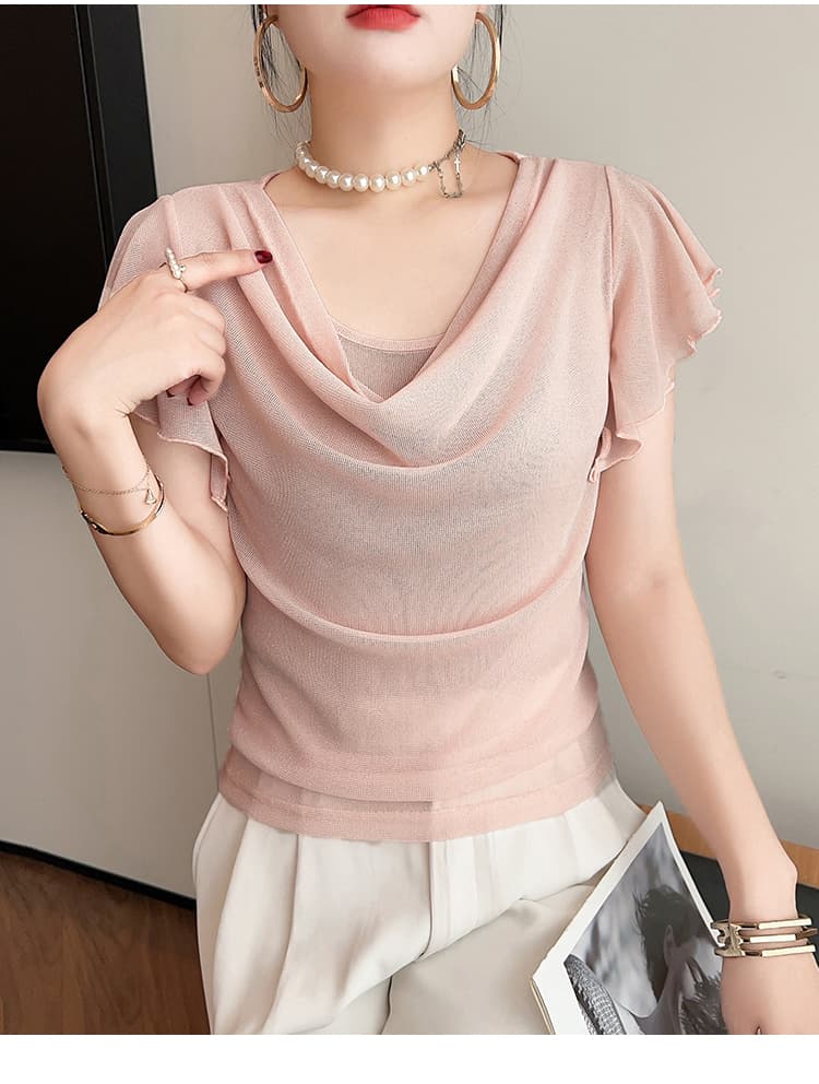 봄 여름 새로운 얼음 실크 기본 셔츠 여성 몸매 가꾸기 섹시함 흔들다 칼라 프릴 티셔츠 여성 트렌디 상세 이미지 24