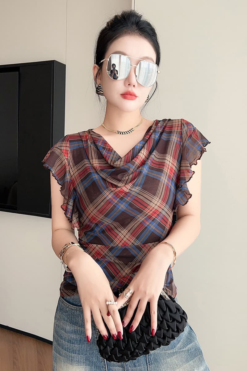 봄 여름 새로운 스트라이프 기본 셔츠 여성 몸매 가꾸기 섹시함 흔들다 칼라 프릴 주름 티셔츠 여성 트렌디 이미지 7