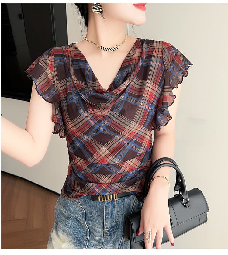 봄 여름 새로운 스트라이프 기본 셔츠 여성 몸매 가꾸기 섹시함 흔들다 칼라 프릴 주름 티셔츠 여성 트렌디 상세 이미지 3