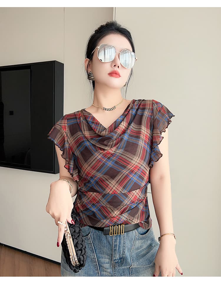 봄 여름 새로운 스트라이프 기본 셔츠 여성 몸매 가꾸기 섹시함 흔들다 칼라 프릴 주름 티셔츠 여성 트렌디 상세 이미지 12
