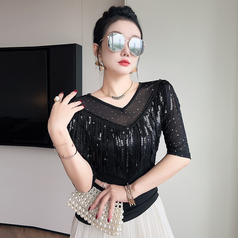 여름 새로운 패션 몸매 가꾸기 술 망사 패치워크 V넥 중간 소매 주름 티셔츠 여성 트렌디 이미지 3