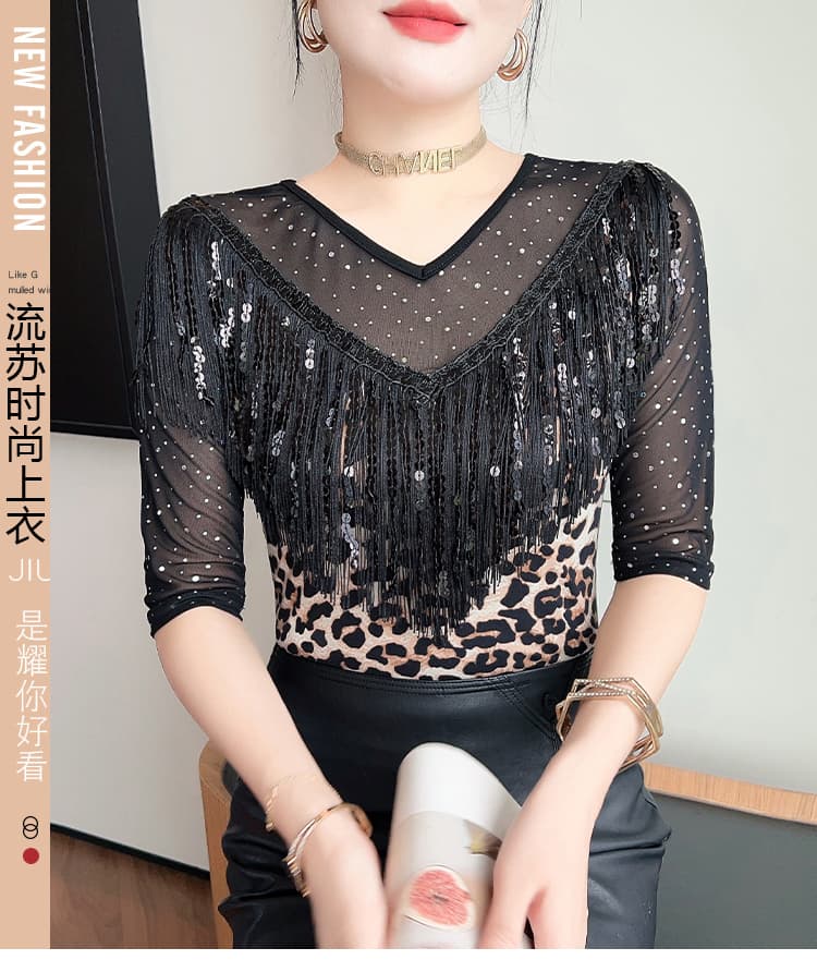 여름 새로운 패션 몸매 가꾸기 술 망사 패치워크 V넥 중간 소매 주름 티셔츠 여성 트렌디 상세 이미지 1